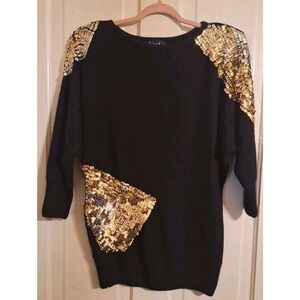 Le Chois Vintage 80s Silk Angora Sequin Sweater Black Gold Silver‎ Glam Large